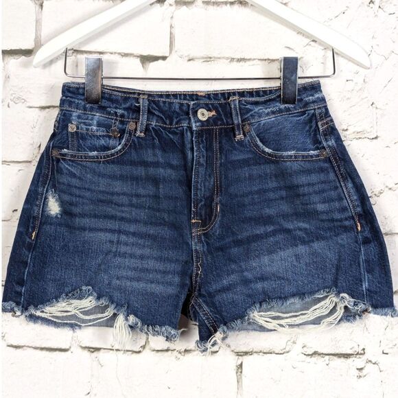 AMERICAN EAGLE Tom Girl Distressed Denim Short Dark Wash Hippie Beach Size 0 - Picture 2 of 8